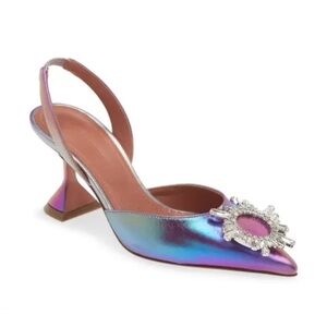 Amina Muaddi Begum crystal-embellished metallic leather slingback pumps size39.5